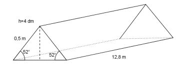 Rett, trekantet prisme med høyde 12,8 m. Trekanten har to vinkler som er 52 grader, og siden som ligger inntil begge disse vinklene er av ukjent lengde. En av de andre sidene er på 0,5 m, og høyden er 4 dm.